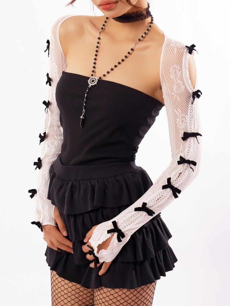 Sacina Black White Bow Shrug, Floral Lace Shrug, Lace Sleeves, Gothic Emo Grunge Y2k Aesthetic Accessories - Image 3